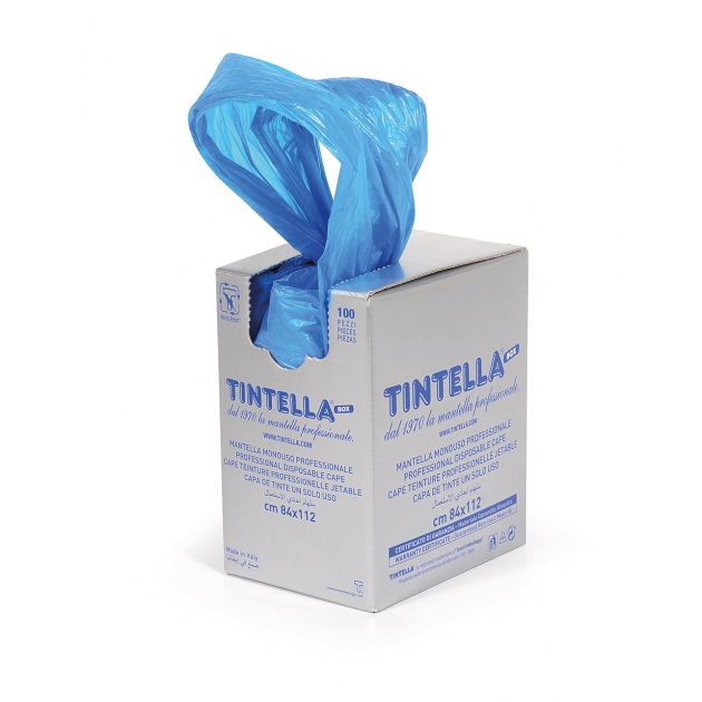 TBX50 - TINTELLA box, cape teinture en polyéthylène, cm 84x112, distributeur de 50 pièces extration individuelle