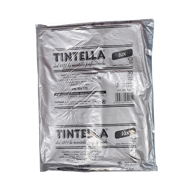 TL30 - TINTELLA lux, cape teinture en P.E.L.D., 90x120 cm, 20 my, 600 g, 30 pièces, disponible en blanc, fuchsia, bleu