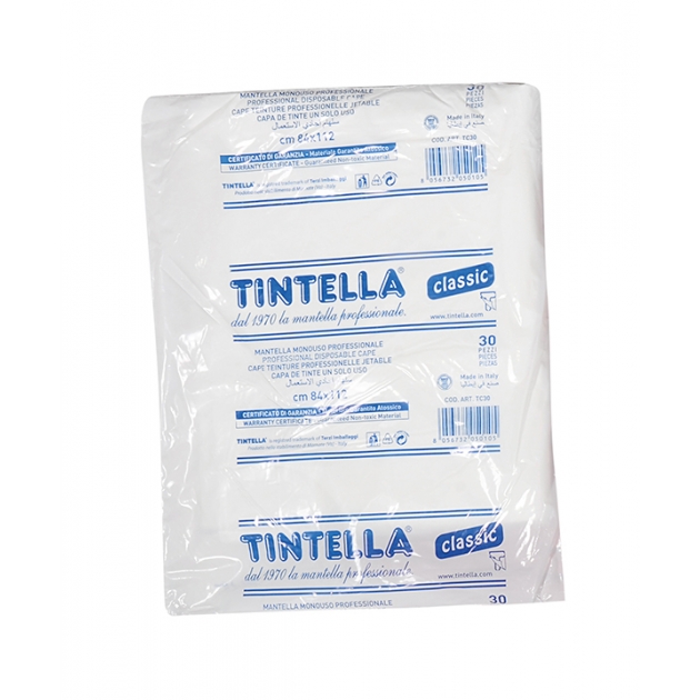 TC30 - TINTELLA classic, cape teinture en P.E.L.D., 84x112 cm, 30 pièces, disponible en blanc, fuchsia, bleu